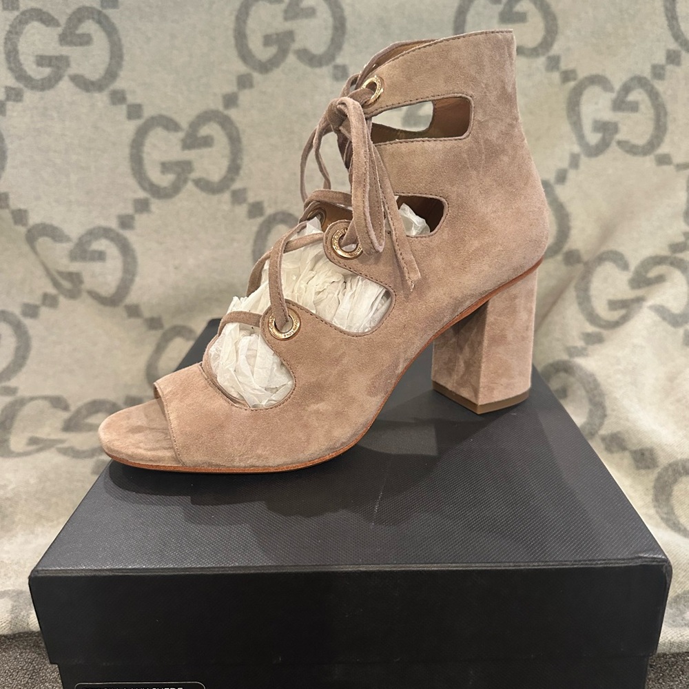 Coach‎ Priscilla Tan Lux Suede Lace Up Sandal Heels